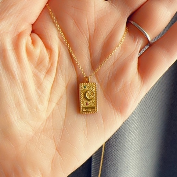 24k Gold Vermeil and Gemstone Moon and Stars Medallion Necklace - Picture 6 of 10